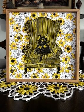 Original Art,Cat is a linocut print with floral background 12” x 12”handmade